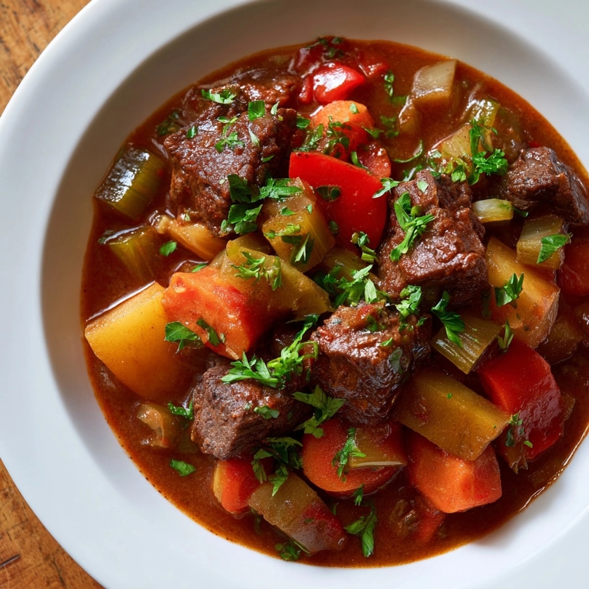 Close-up photo of rich, dark Smoked Paprika & Garlic Beef Stew bubbling in a pot, ready to serve.