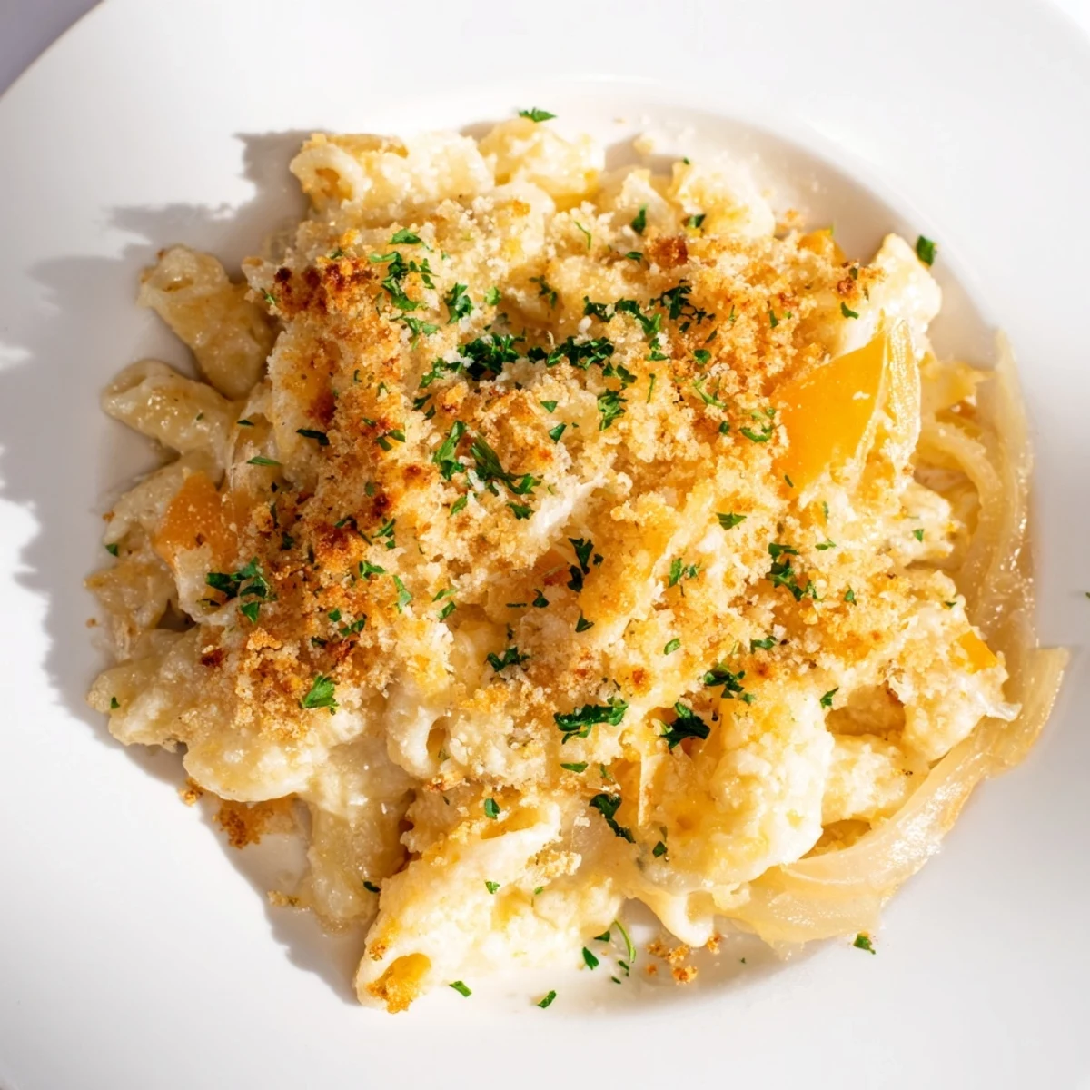 Smoky Gruyère melts over a bubbling One-Pot French Onion Mac and Cheese Bake, ready to serve this comforting meal.