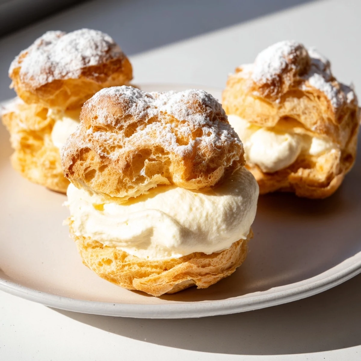 Fluffy layers of Chaos Karpatka dessert, generously dusted with powdered sugar, ready to serve.