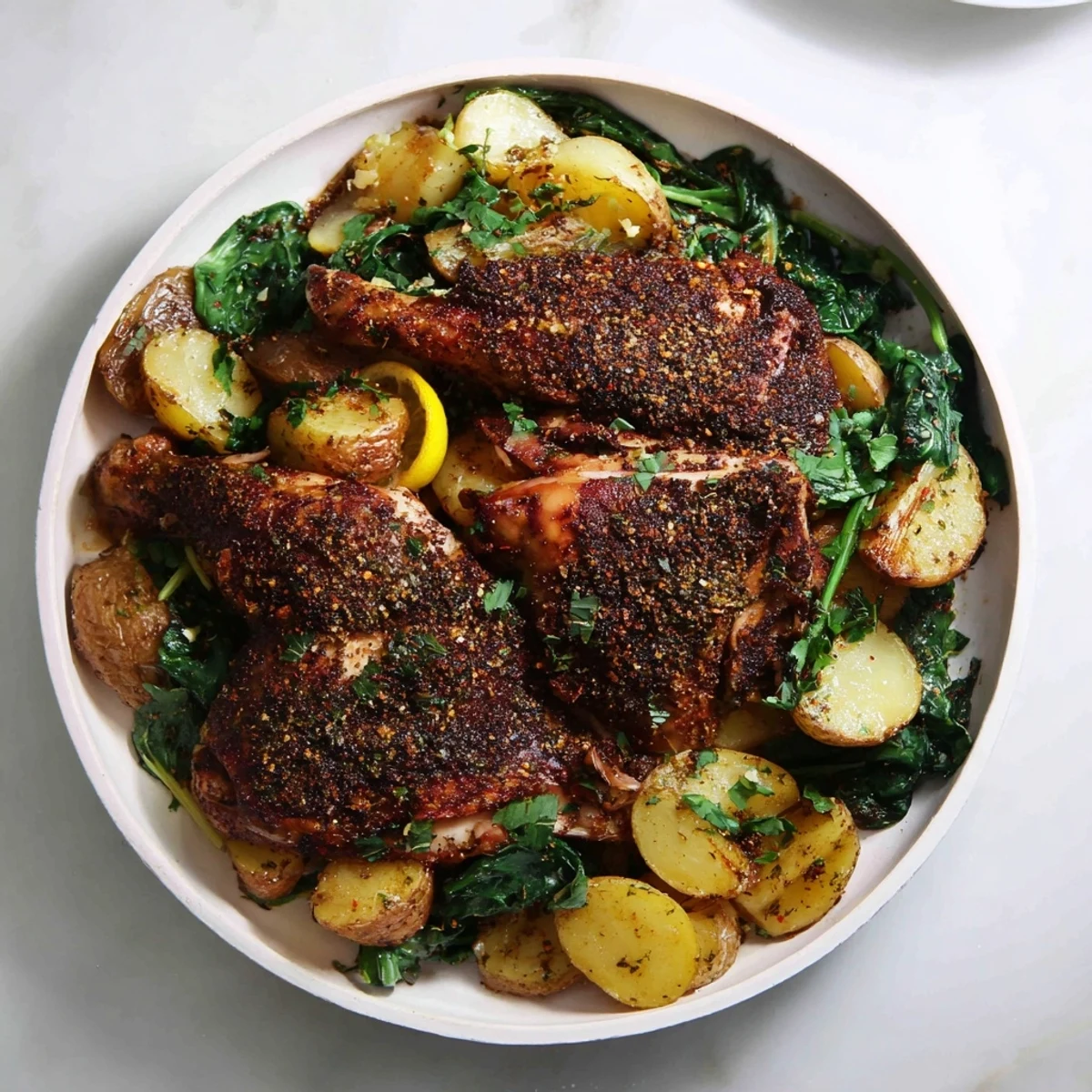 Close-up of a flavorful blend: Pan-roasted chicken with zaatar, potatoes, and fresh herbs, ready for sharing.
