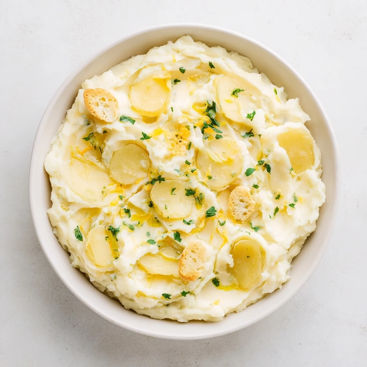 Creamy Garlic Potato Soup, a thick and inviting bowl, shows a smooth, blended, vegan potato soup.