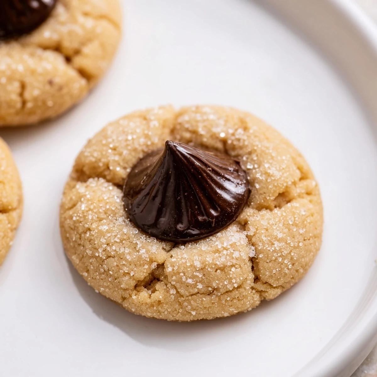 Warm, golden 3-Ingredient Peanut Butter Blossoms, with melted chocolate kisses, ready to savor and enjoy.