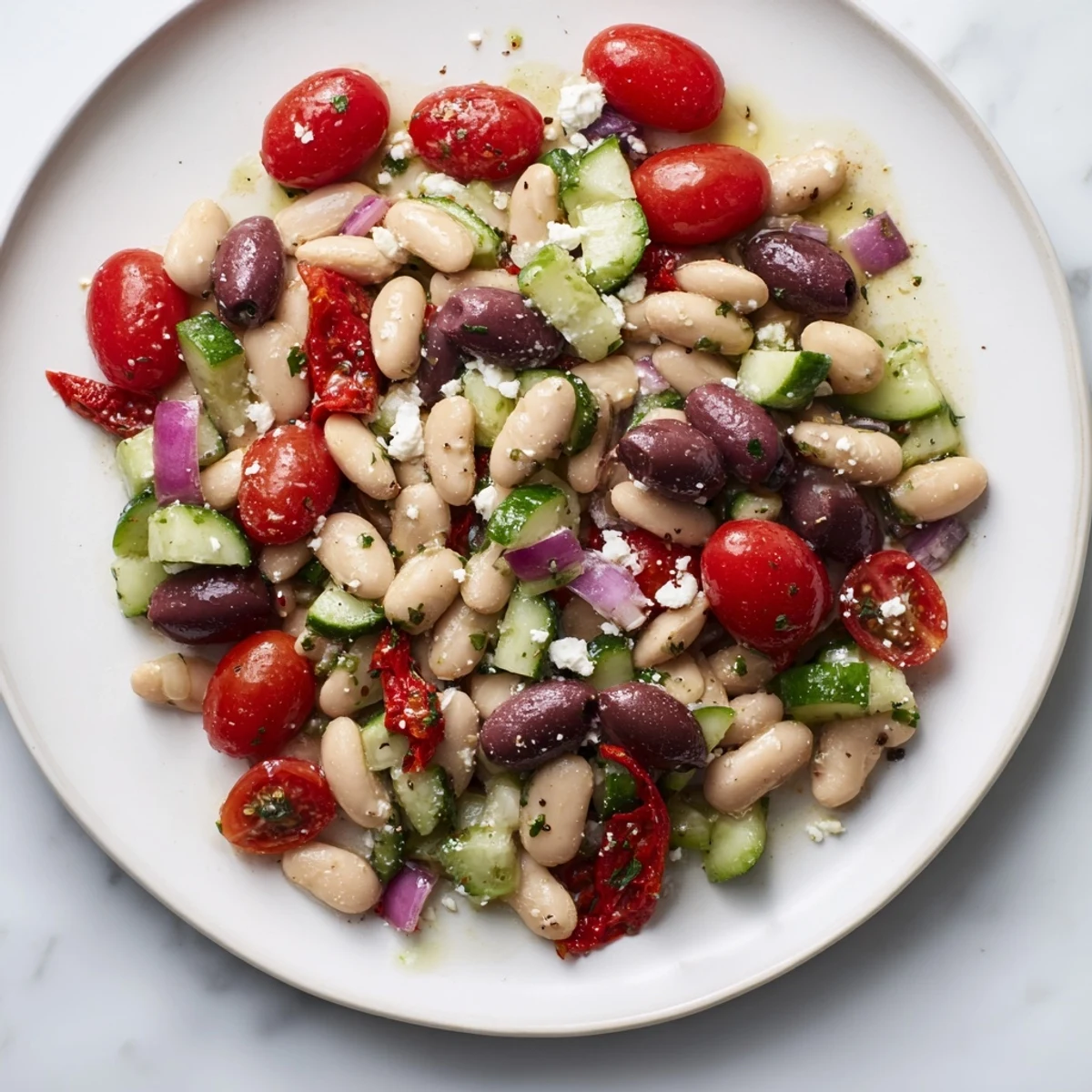 Vibrant Mediterranean White Bean Salad with feta offers a colorful blend of textures and tastes.