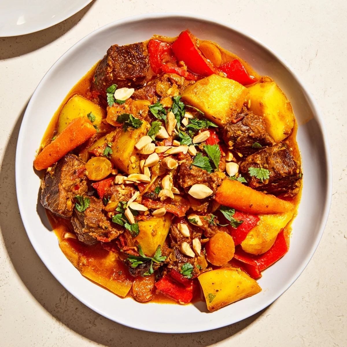 A steaming bowl of Instant Pot Middle Eastern lamb stew, garnished with fresh cilantro and almonds.