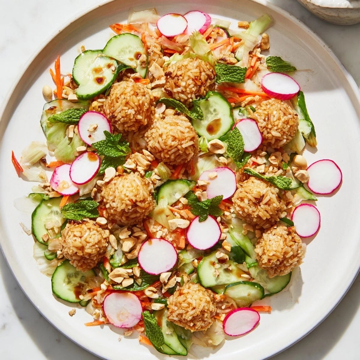 A close-up shot of the Crispy Cucumber Rice Salad features golden rice and vibrant green cucumber pieces.