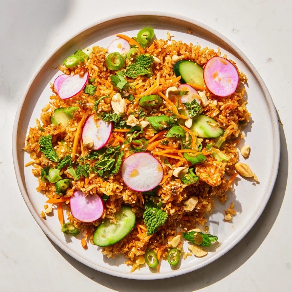 Crispy Cucumber Rice Salad showcases a colorful array of fresh vegetables with crunchy rice and a tangy dressing.