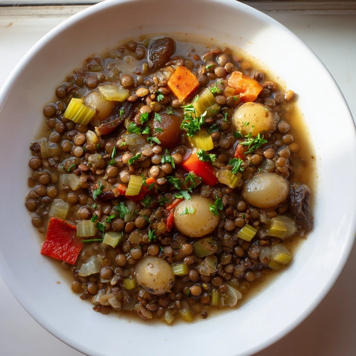 Abuela's Secret Lentil Stew with Prunes, a hearty, flavorful stew garnished with fresh parsley.