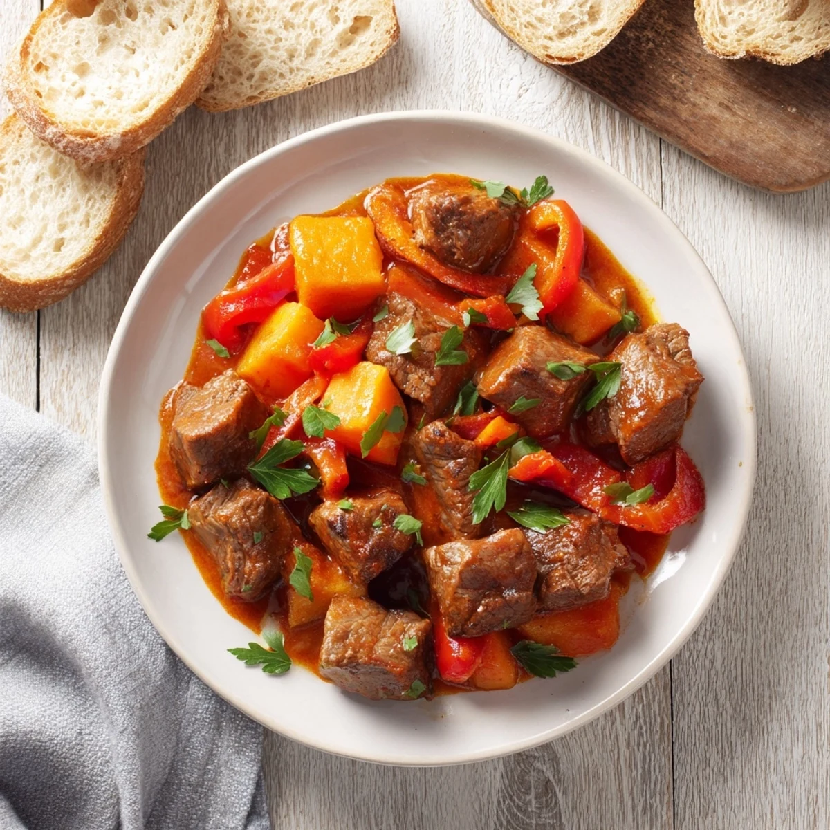Hearty Homemade Beef Goulash with visible, colorful vegetables, served with warm, rustic bread slices.