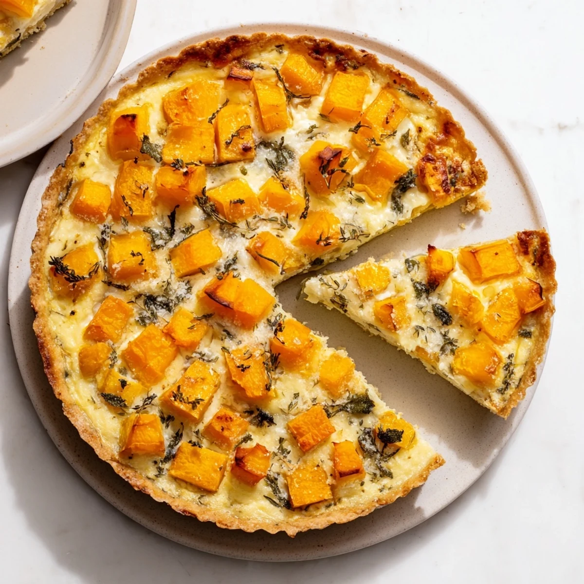 Fragrant steam rises from this Potato Crust Quiche, showcasing the baked squash and creamy cheeses.