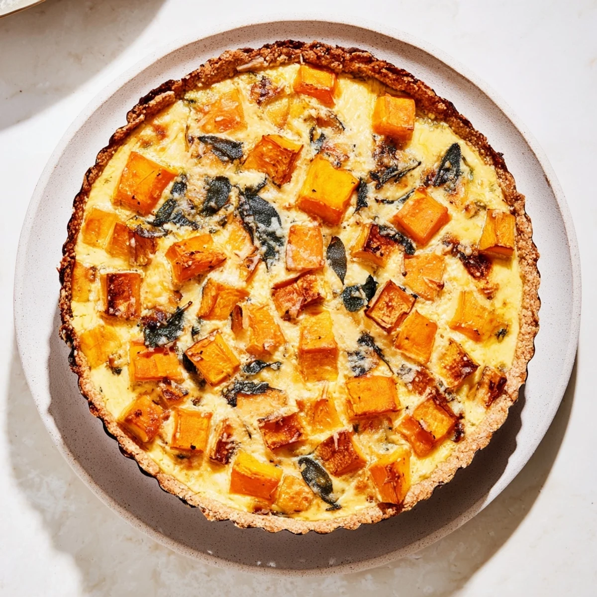 Enjoy a slice of homemade Potato Crust Quiche, a gluten-free savory pie with autumn flavors.