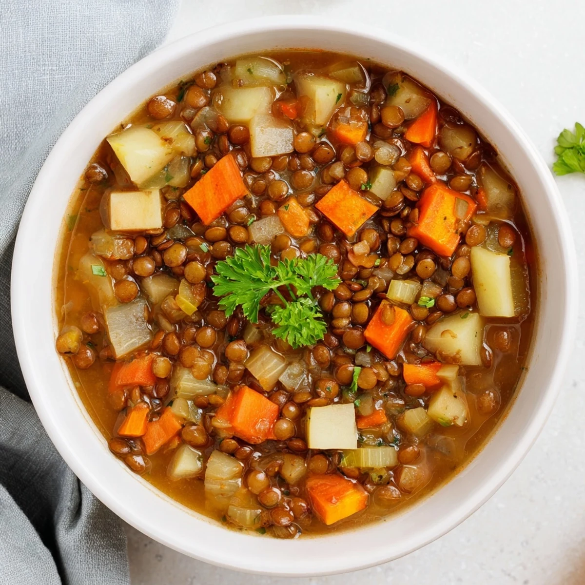 Close-up of a vibrant Classic Lentil and Herb Soup with visible lentils, carrots, and herbs swirling.