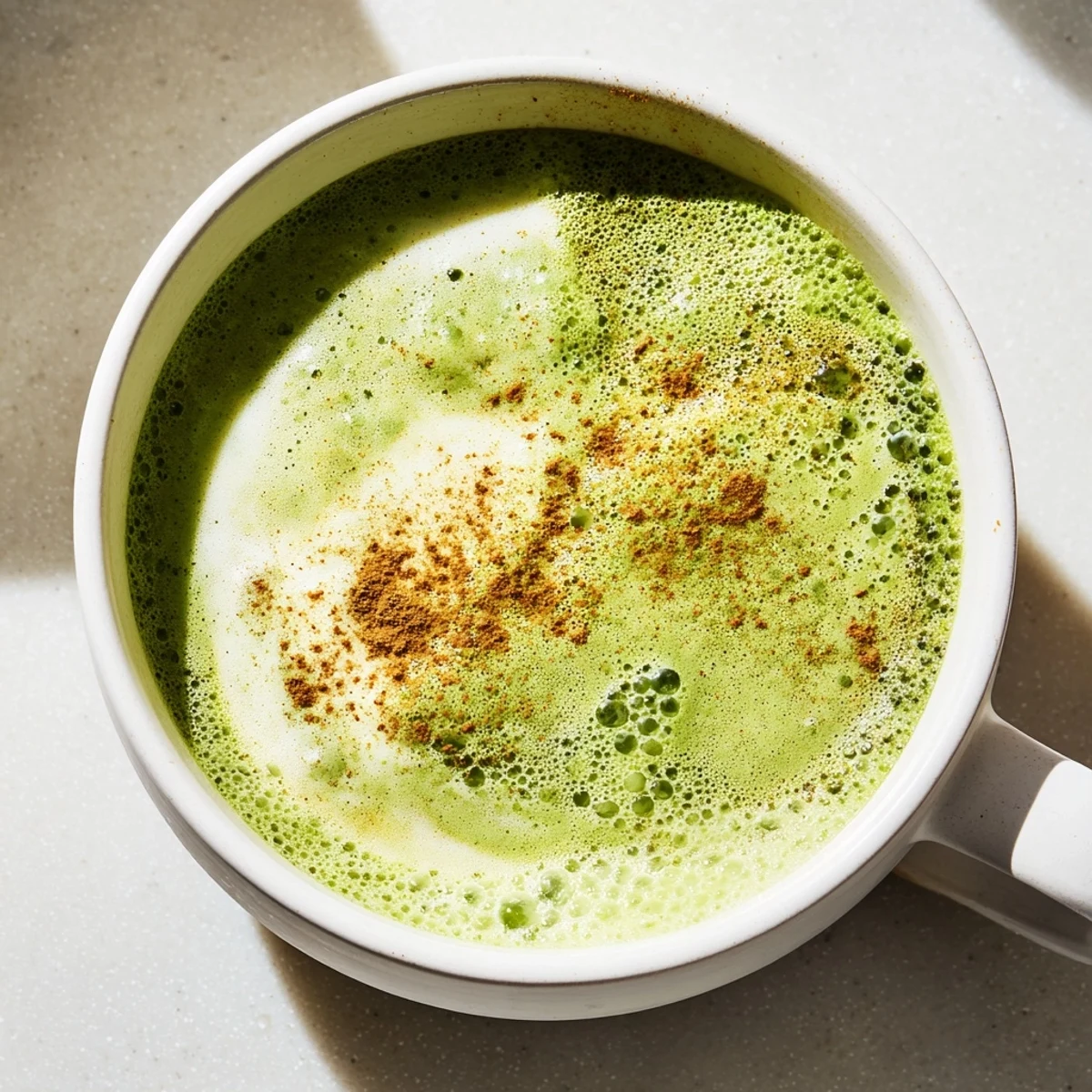 Enjoy a warmly fragrant Maple Cinnamon Gingerbread Matcha Oat Latte, garnished with cinnamon for a treat.