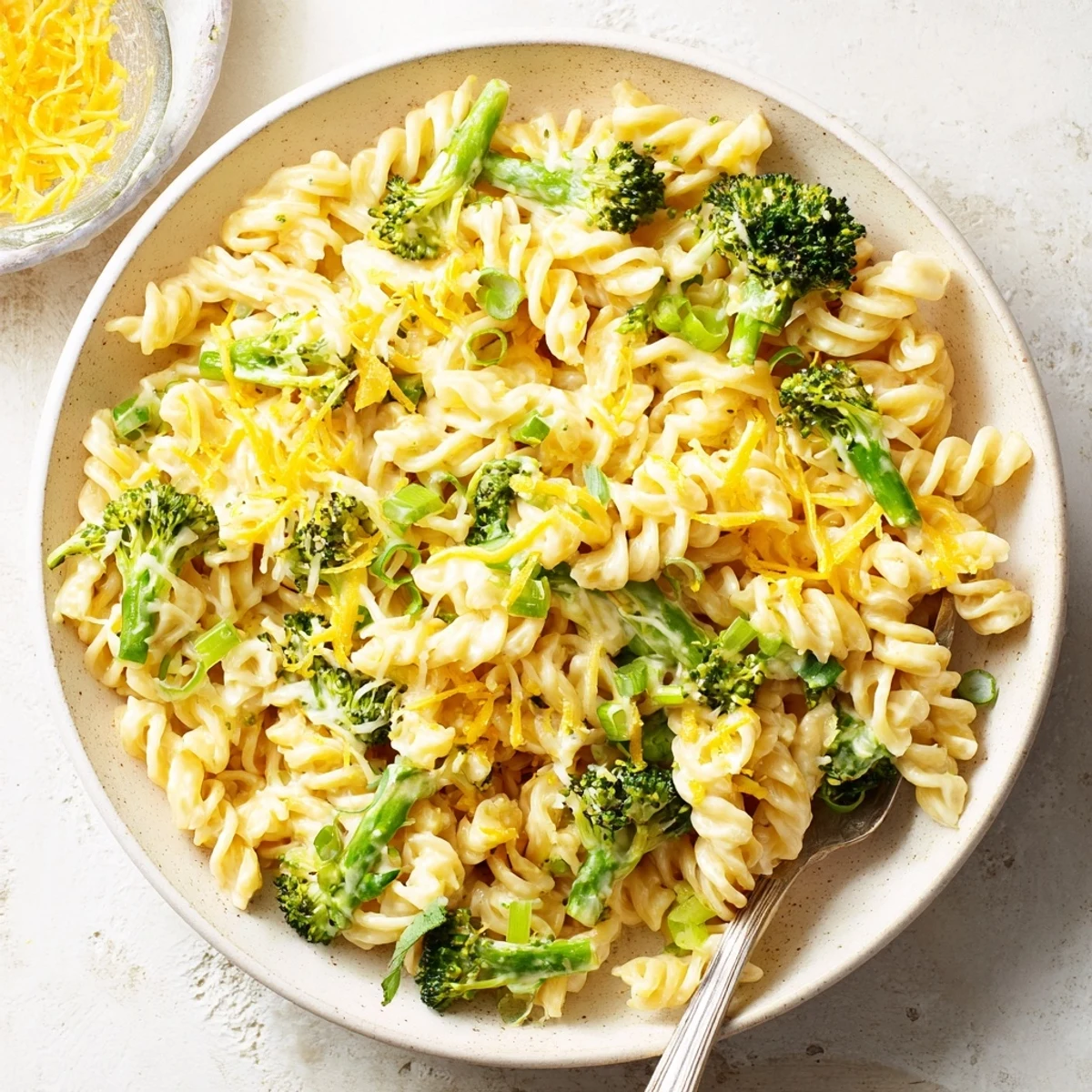 A warm bowl of creamy Green Goddess Broccoli Cheddar One-Pot Pasta with vibrant vegetables and seasonings.