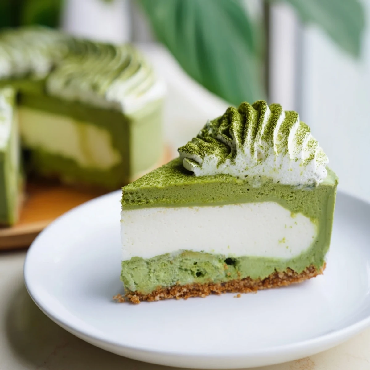 Matcha Swirl Snowdrift Cheesecake Cups: Creamy swirls of matcha green tea atop cheesecake, ready to chill.