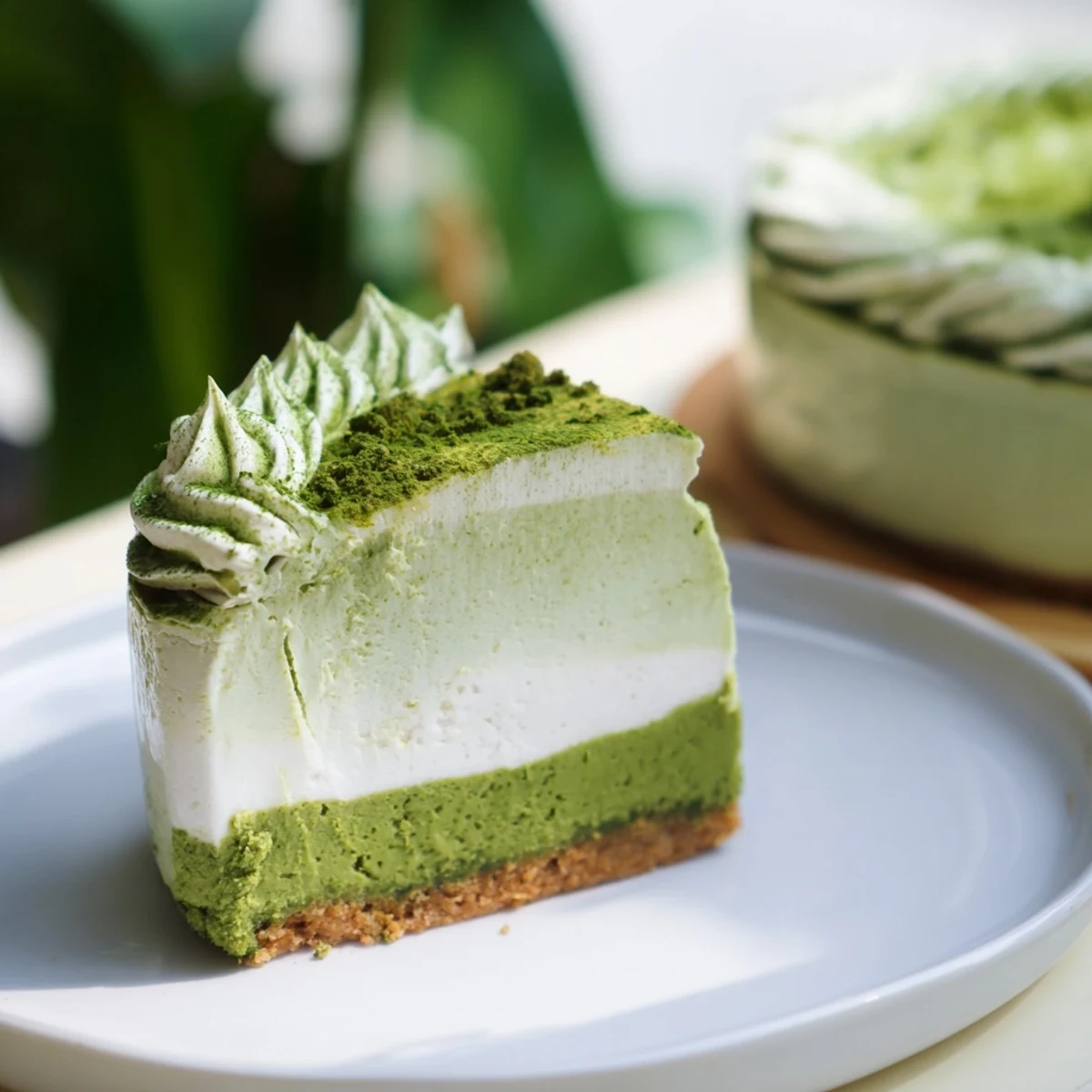 No-bake Matcha Swirl Snowdrift Cheesecake Cups feature a vibrant matcha design and a cookie crust.