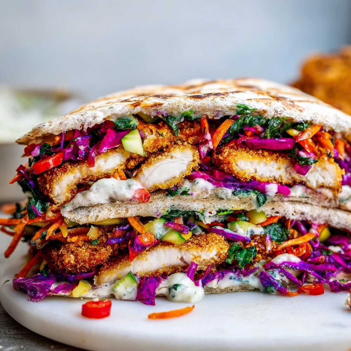 Crispy Candy Cane Crunch Chicken Veggie Wraps, a delicious and festive holiday meal, served cut in half.