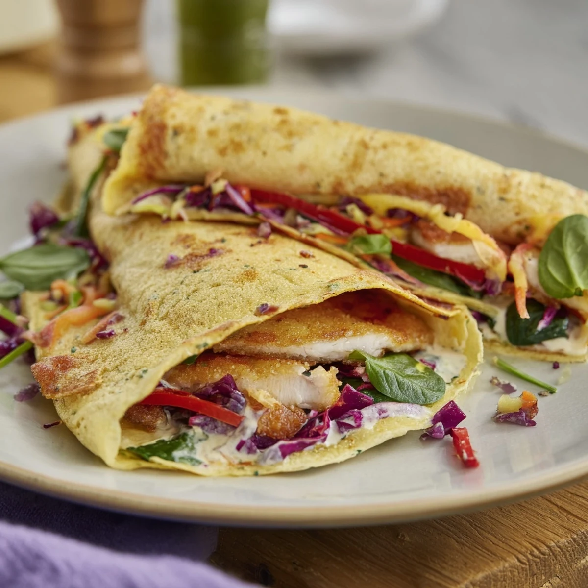 Fresh ingredients fill the Candy Cane Crunch Chicken Veggie Wrap, showcasing the crunchy candy topping the chicken.