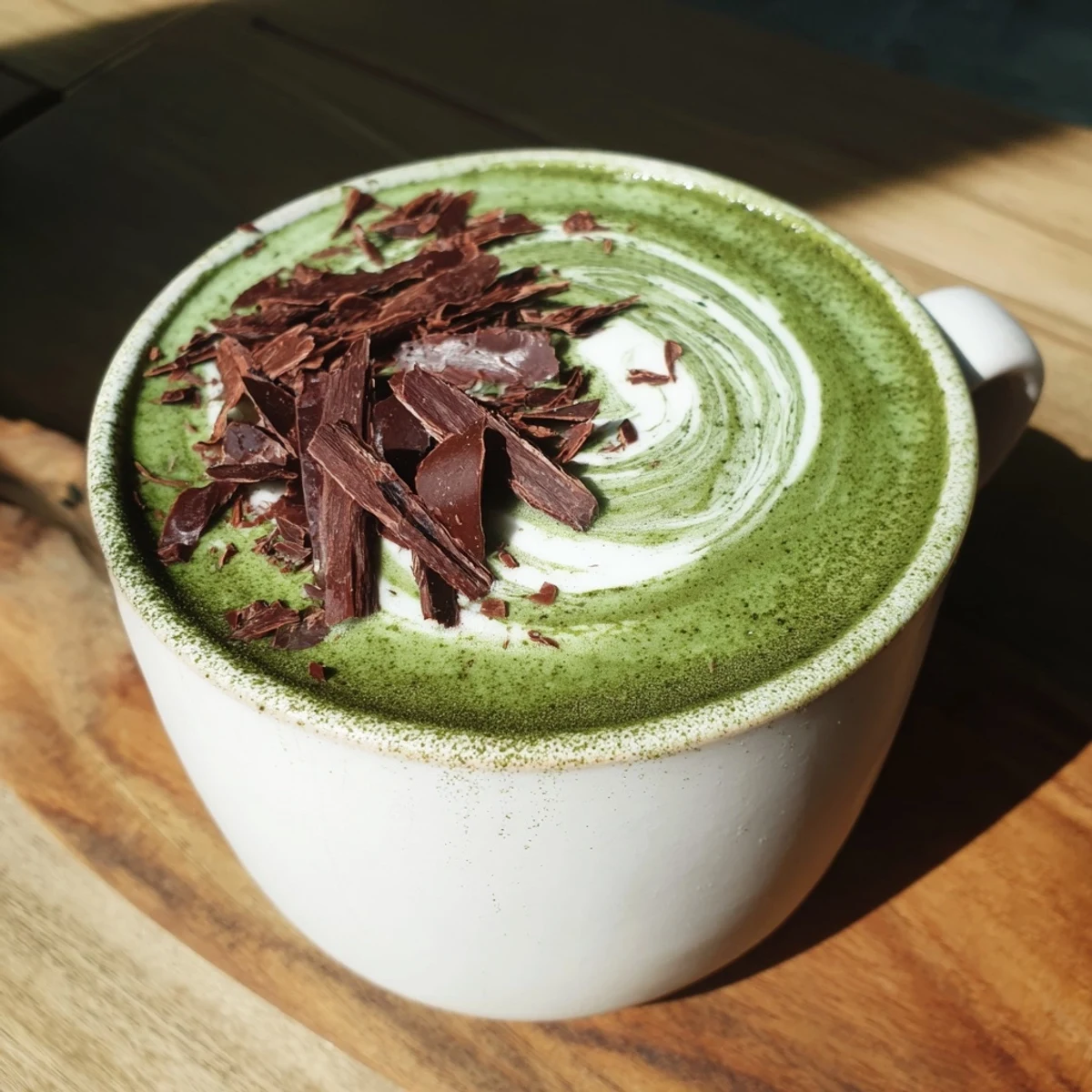 A close-up of a warm Matcha Hot Cocoa Protein Mug, perfect for a cold afternoon.