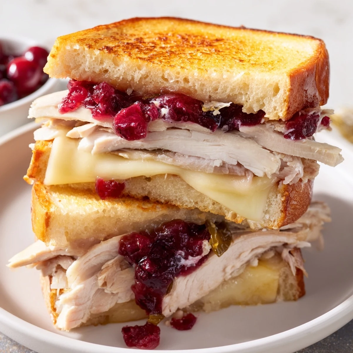 A close-up of a warm Air Fryer Jalapeño Cranberry Turkey Grilled Cheese, showcasing cranberry and pepper filling.