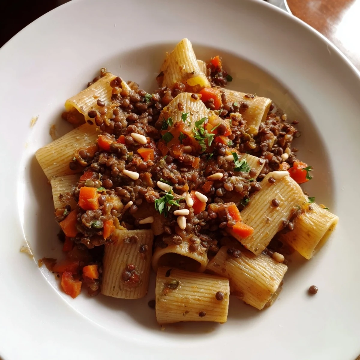Steaming bowl of High-Fiber Lentil Bolognese nestled over whole wheat pasta, garnished with parsley.