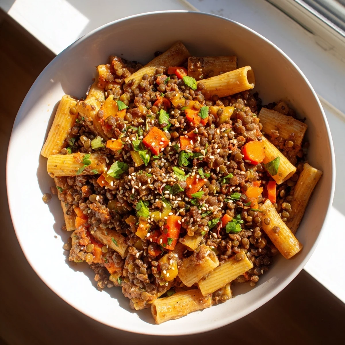 Rustic plate of pasta featuring flavorful High-Fiber Lentil Bolognese, promising a comforting, healthy meal.