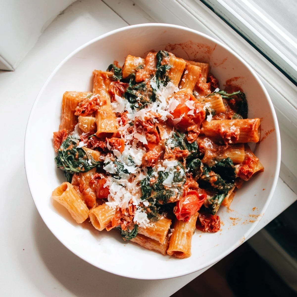 A comforting close-up showing the creamy texture of the Sun-Dried Tomato Spinach Cottage Cheese Pasta dish.