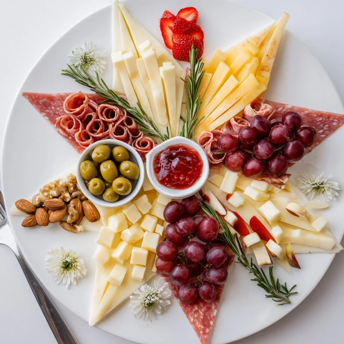 This delicious Star-Shaped Appetizer Board features salami, grapes, and nuts, perfect for sharing and enjoyment.