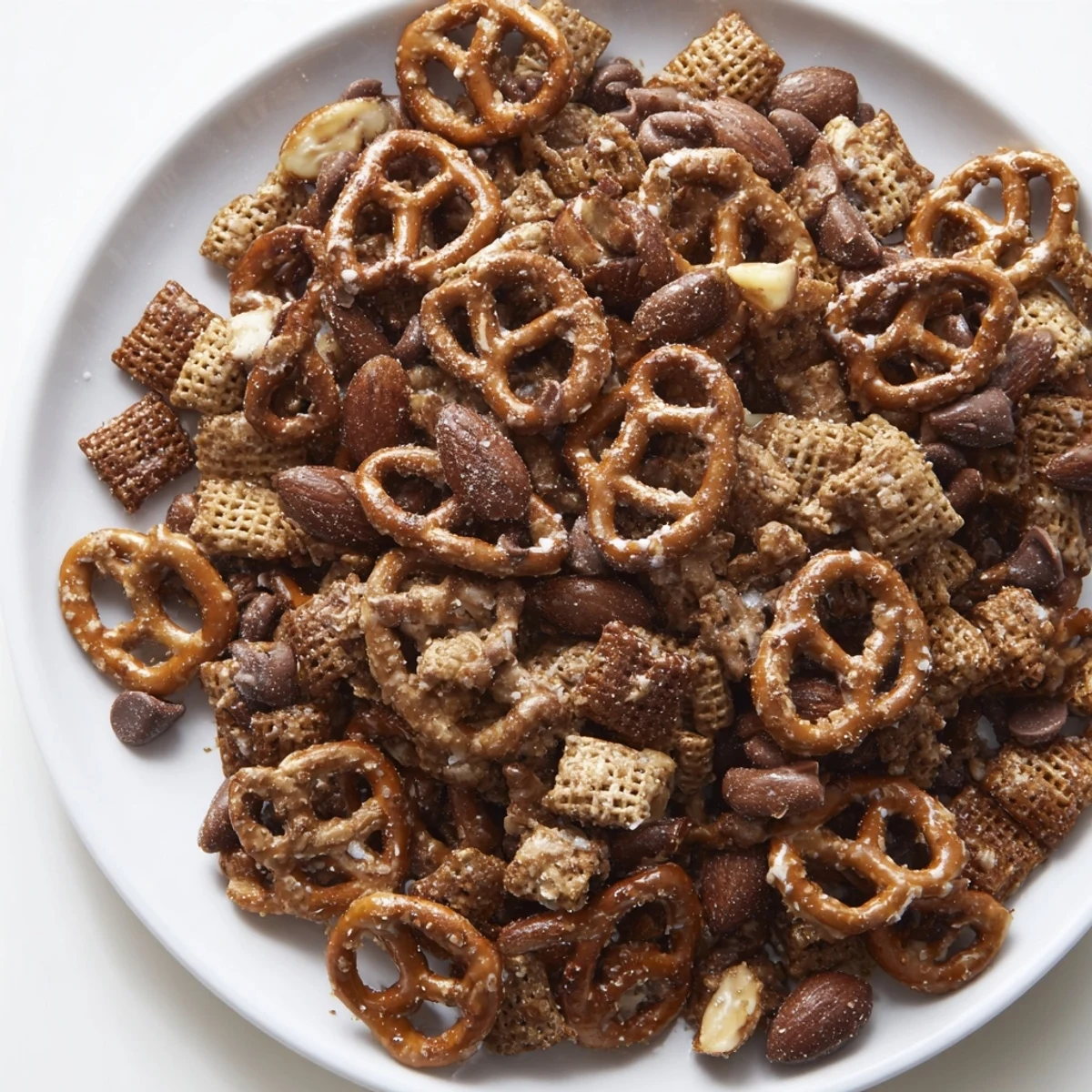 Golden-brown Festive Pine Cone Snack Mix with chocolate chips and powdered sugar, ready to eat.