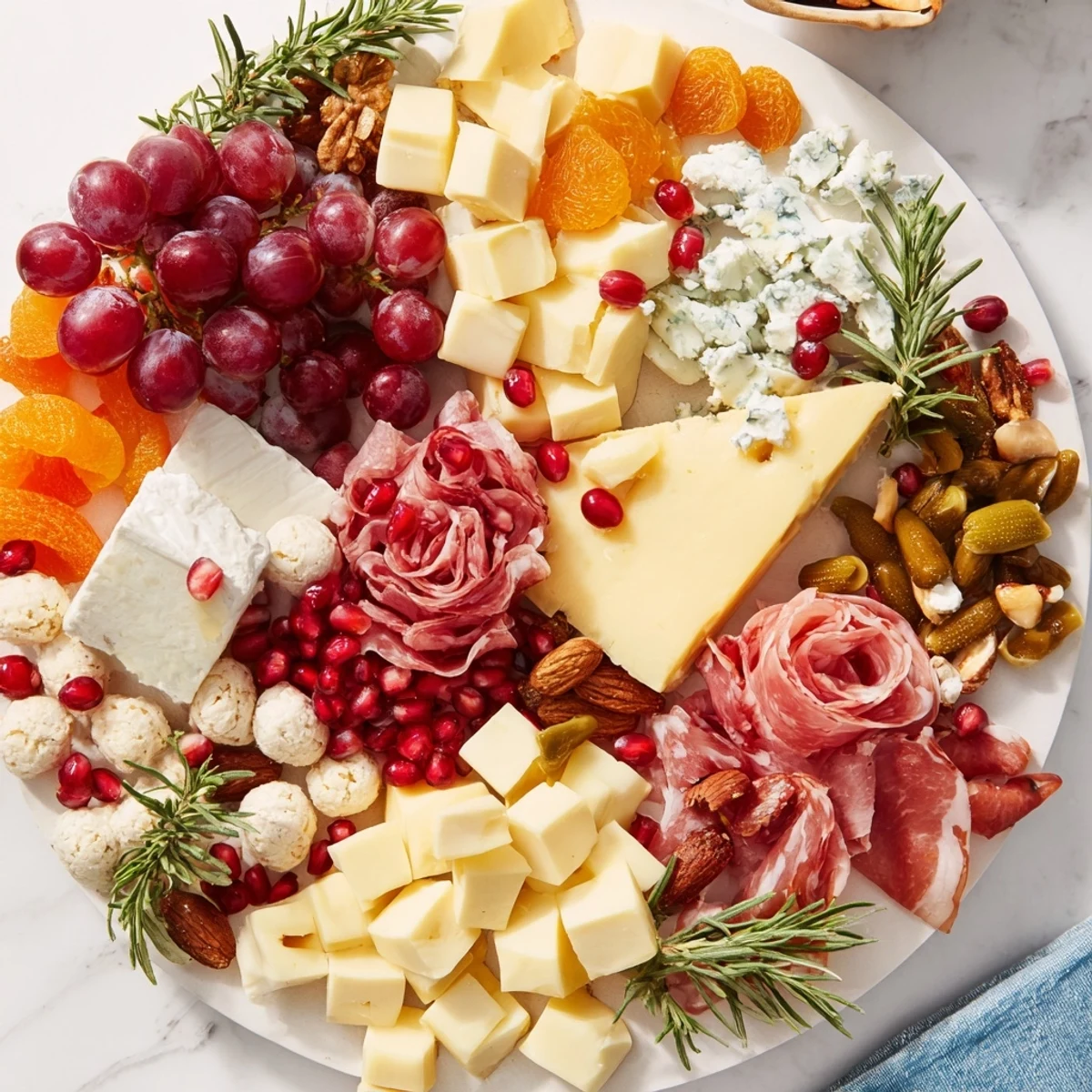Festive Holiday Wreath Cheese Platter, a delightful arrangement of cheeses, fruits, and meats for entertaining guests.
