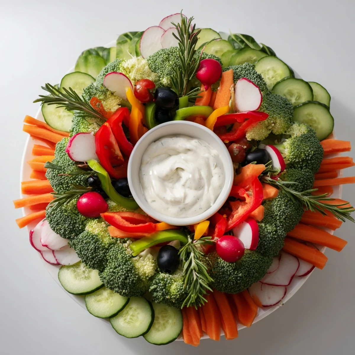 Fresh, colorful Wreath Veggie Dip Platter, a visually appealing appetizer for any holiday gathering.