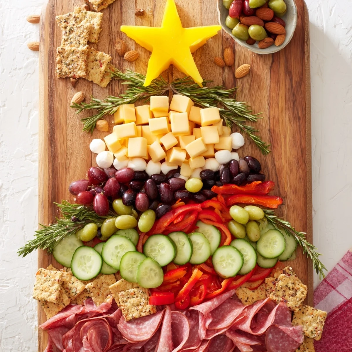 Festive Christmas Tree Snack Board with colorful cheeses, meats, and fresh fruit, ready to enjoy.
