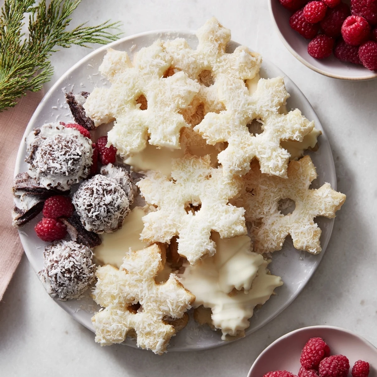 Snowflake dessert board arranged with cookies, chocolates, and fruits for a beautiful winter treat.