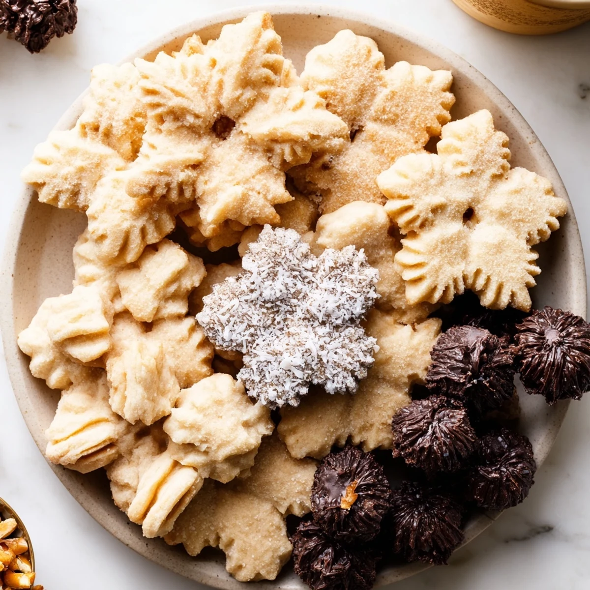 A visually stunning Snowflake dessert board, including white chocolate dip and festive sugared cranberries.