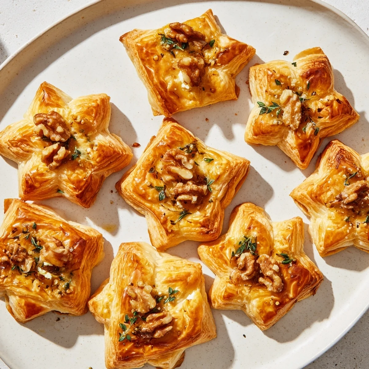 Golden baked Starry Night New Years Appetizers, puff pastry bites topped with goat cheese and walnuts.