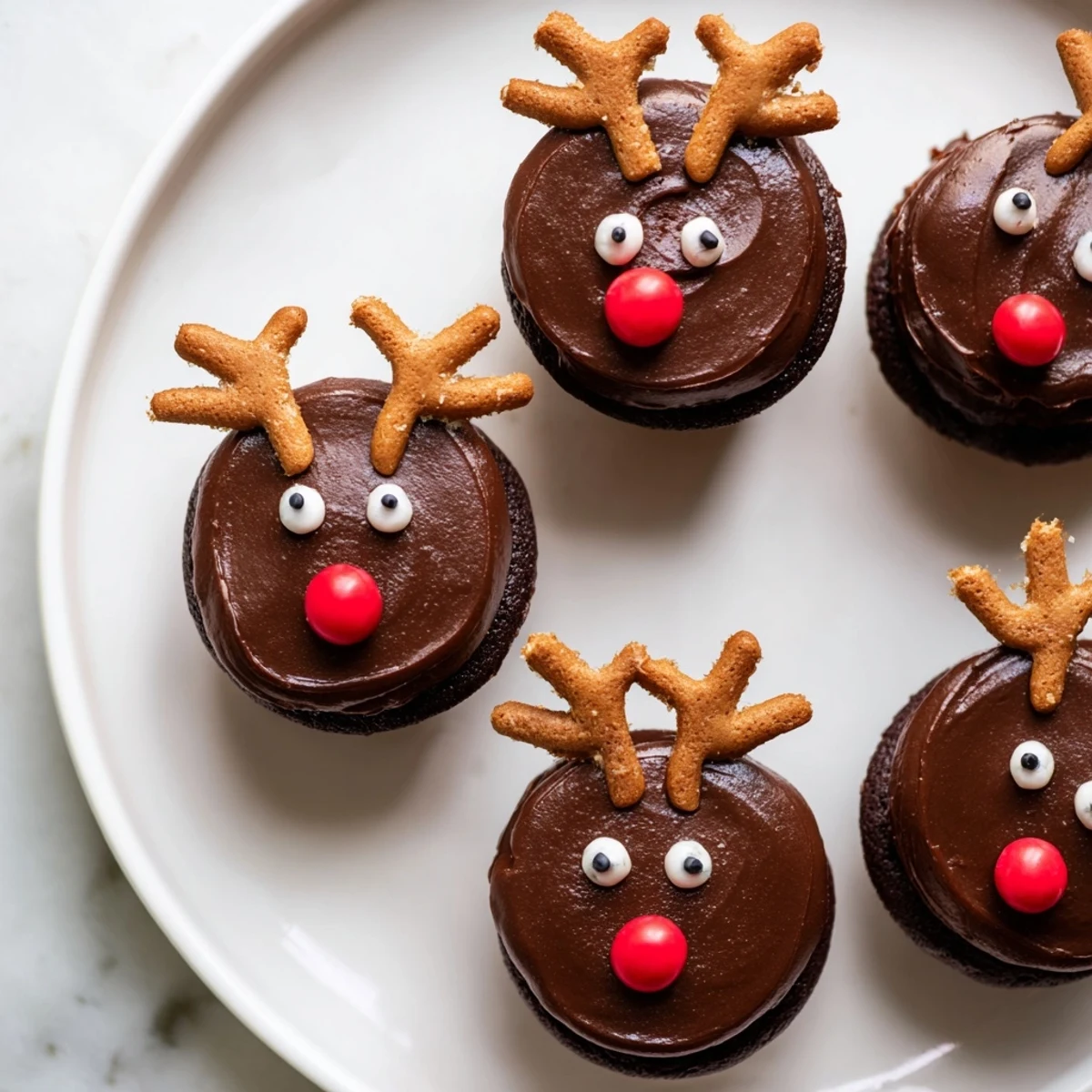 A festive Reindeer Holiday Dessert Platter with frosted cupcakes and gingerbread antlers, delicious!