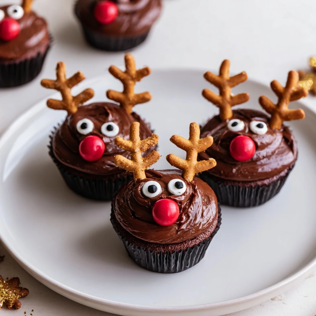 Visual treat: Charming Reindeer Holiday Dessert Platter featuring chocolate reindeer cupcakes and cranberry mousse.