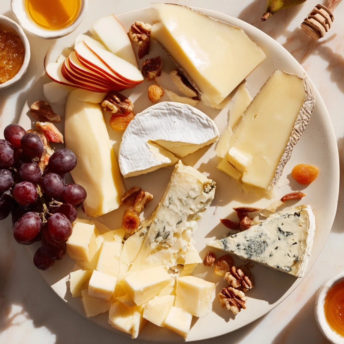 Featuring creamy Brie and Roquefort, this Cheese Platter Cœur Passion is served with fruit and nuts.