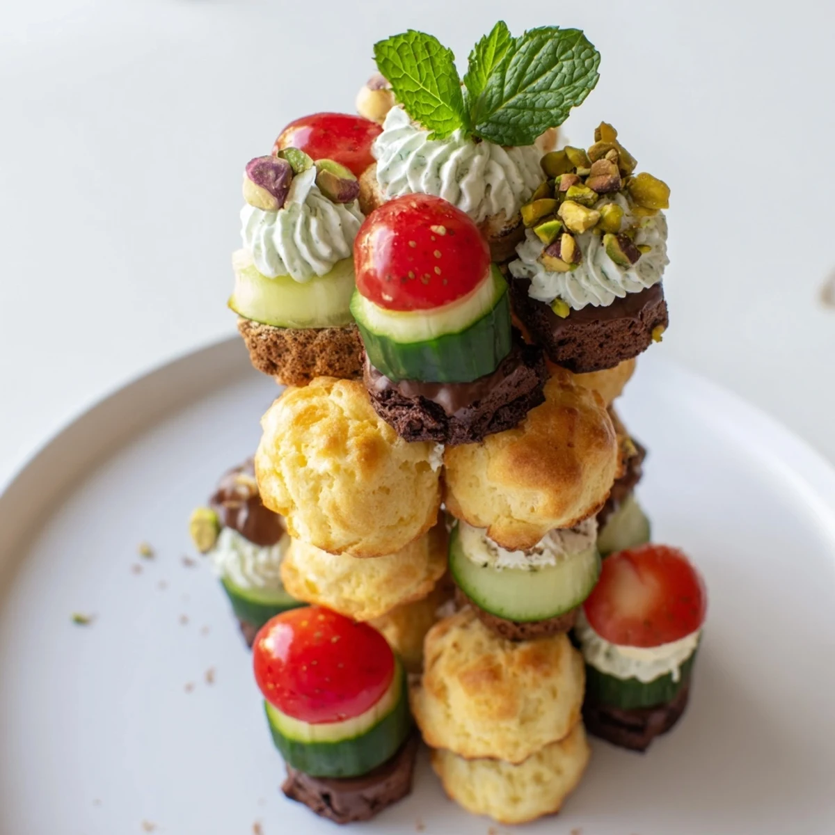 Elegant tower of Tour dÉléphant Goûter Gourmand snacks, featuring creamy layers and colorful garnishes.