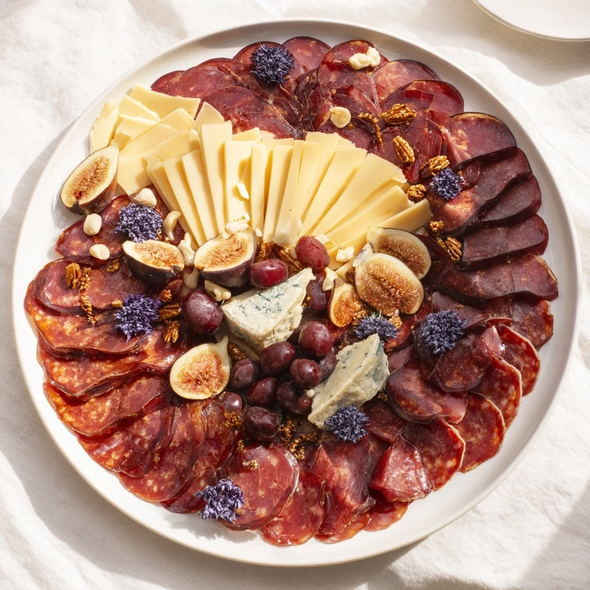 Beautifully arranged Majestic Venison Charcuterie Platter featuring grapes, figs, nuts, and a drizzle of honey.