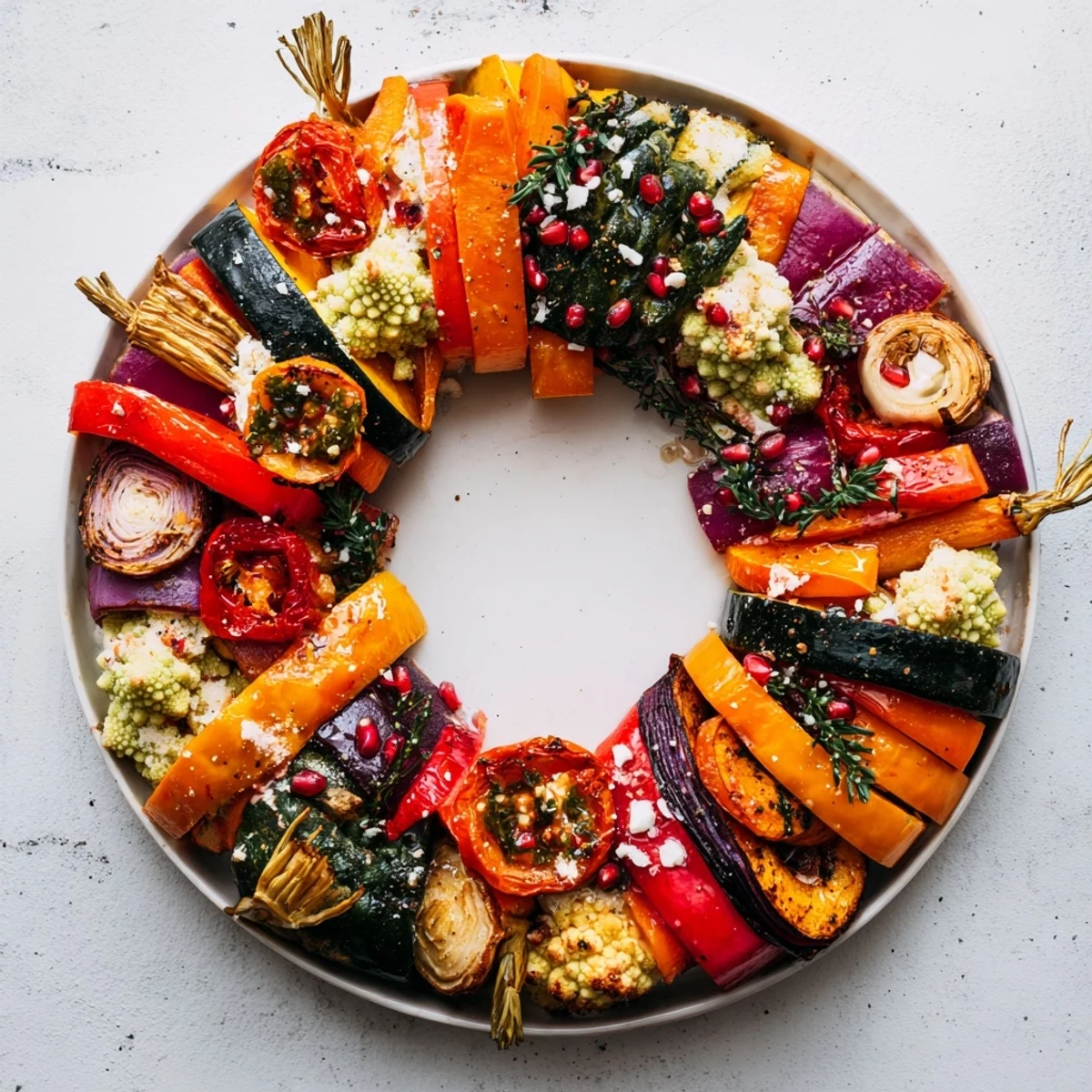 Festive Vegetable Christmas Wreath, a colorful and aromatic roasted holiday centerpiece, ready to serve.