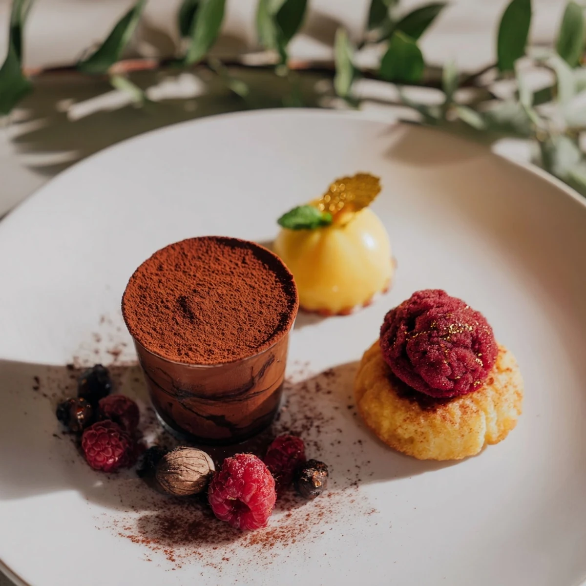 Vibrant Assiette de Desserts Starry Delight features chocolate mousse, lemon tartlets, and raspberry financiers, ready to enjoy.