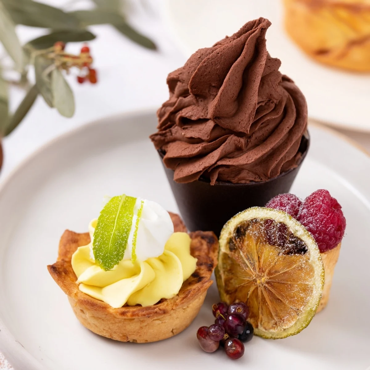 This gorgeous Assiette de Desserts Starry Delight presents perfect miniature desserts on a white plate, ready to serve.