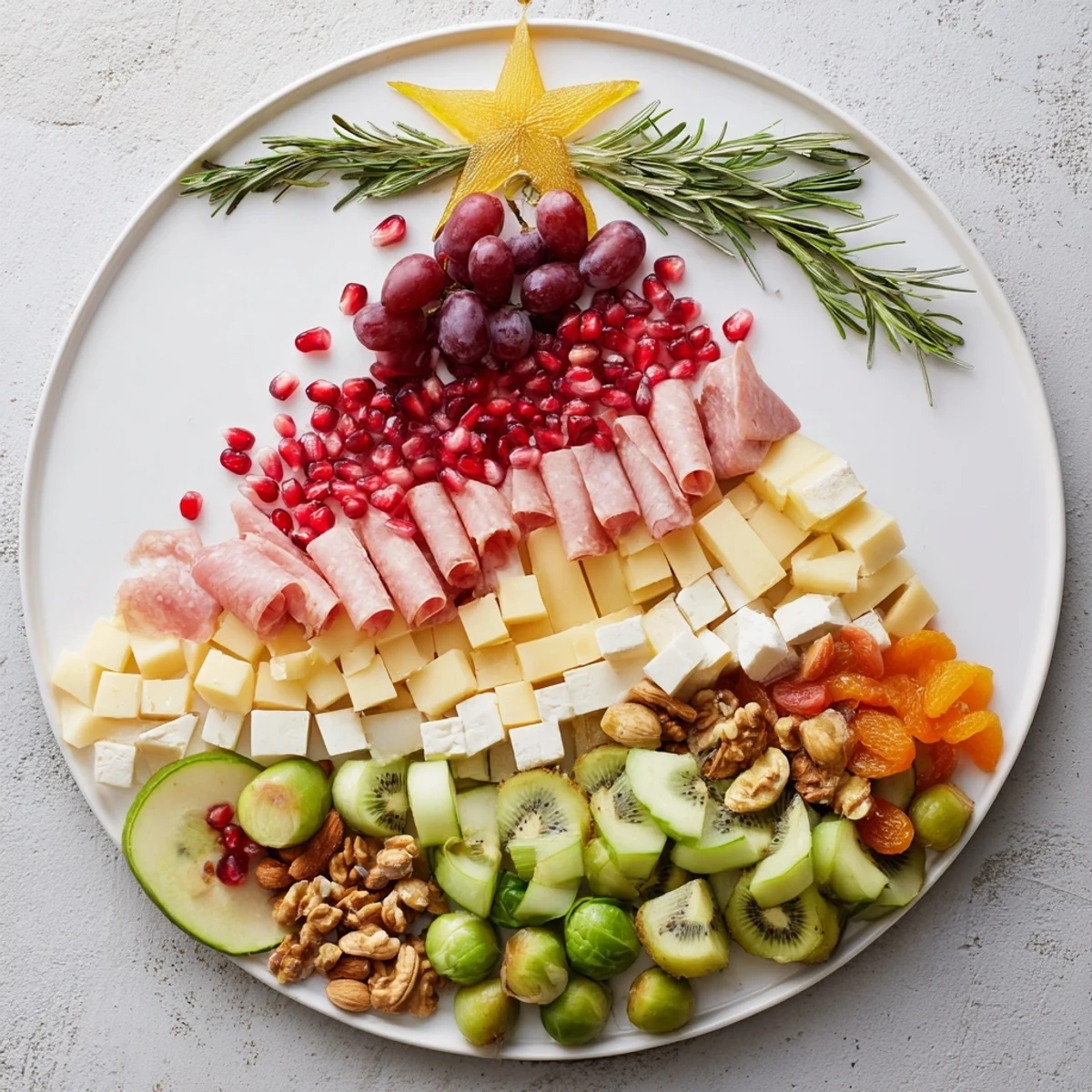 Colorful and inviting Festive Holiday Tree Appetizer Platter, overflowing with grapes and cheeses.