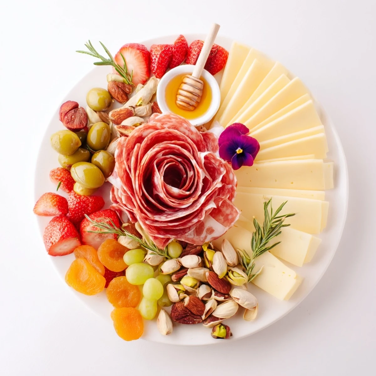 A visually stunning Meat and Cheese Rose Garden Board filled with savory meats and fresh fruits.