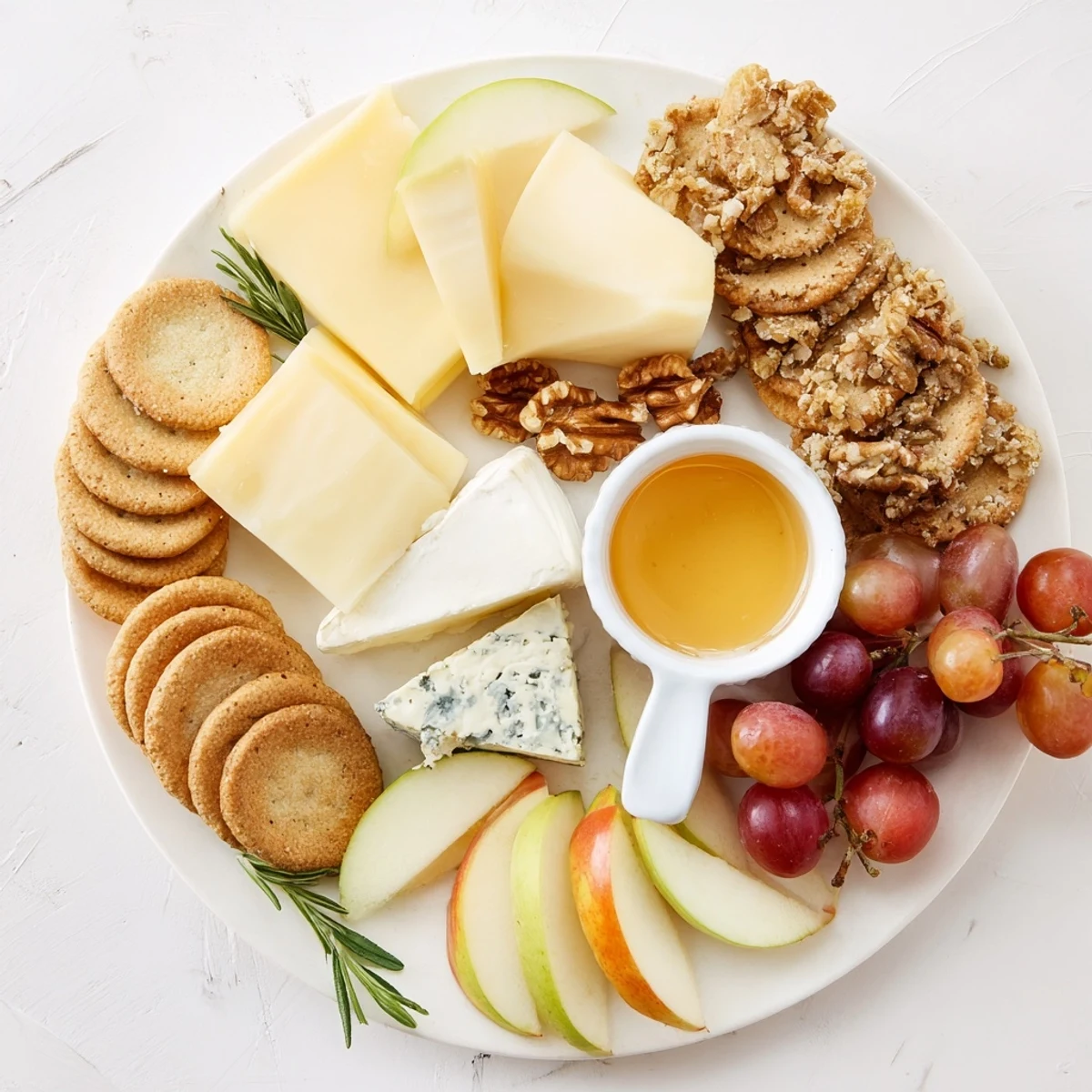 A beautiful cheese plate offers creamy Brie, sharp cheddar, and delicious cracker rings.