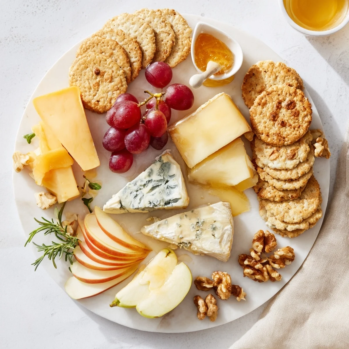 Enjoy a delightful cheese plate, a mix of cheeses, crackers, grapes, and apple slices, perfect for sharing.