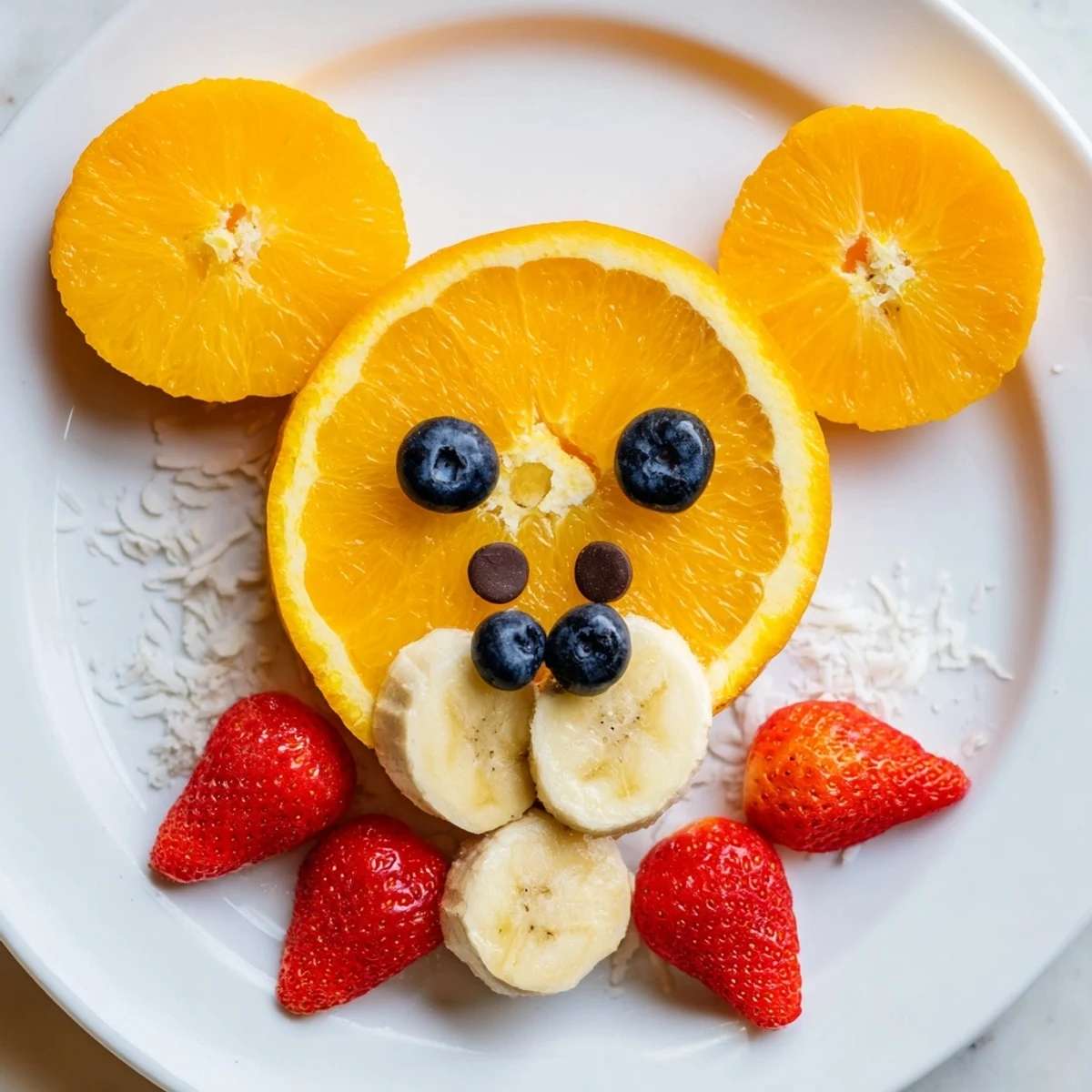 Orange Slice Bear Face Fruit Board with fresh berries and coconut "fur", ready to eat.