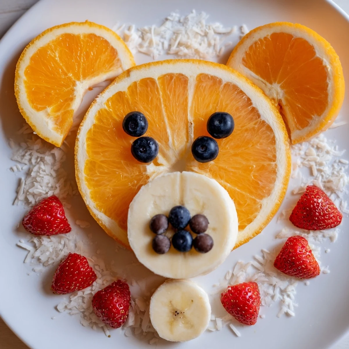 Cute Orange Slice Bear Face Fruit Board, a playful, healthy snack with banana snouts and blueberries.