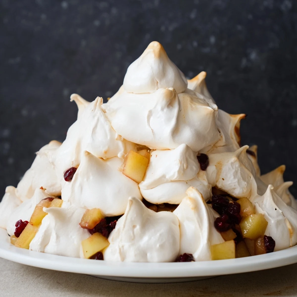 Warm Cranberry and Pear Snowscape, featuring caramelized fruit beneath golden, toasted meringue peaks.