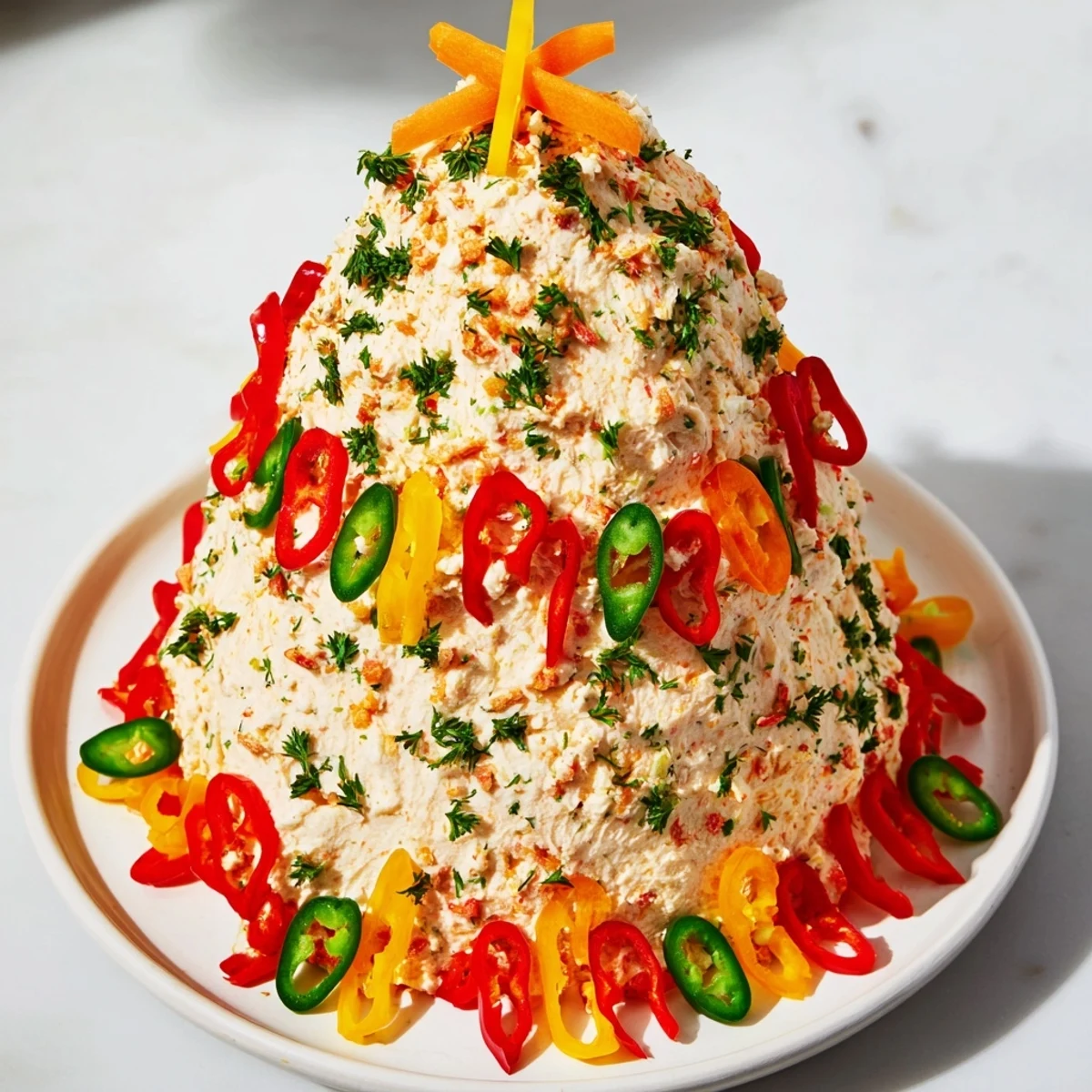 Festive Chili Pepper Christmas Tree Dip, a creamy appetizer with chili pepper "garlands" and bell pepper ornaments.